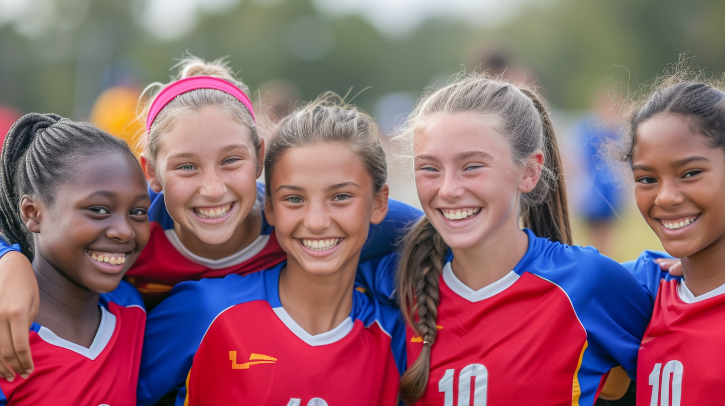 Youth girls on a soccer team smiling